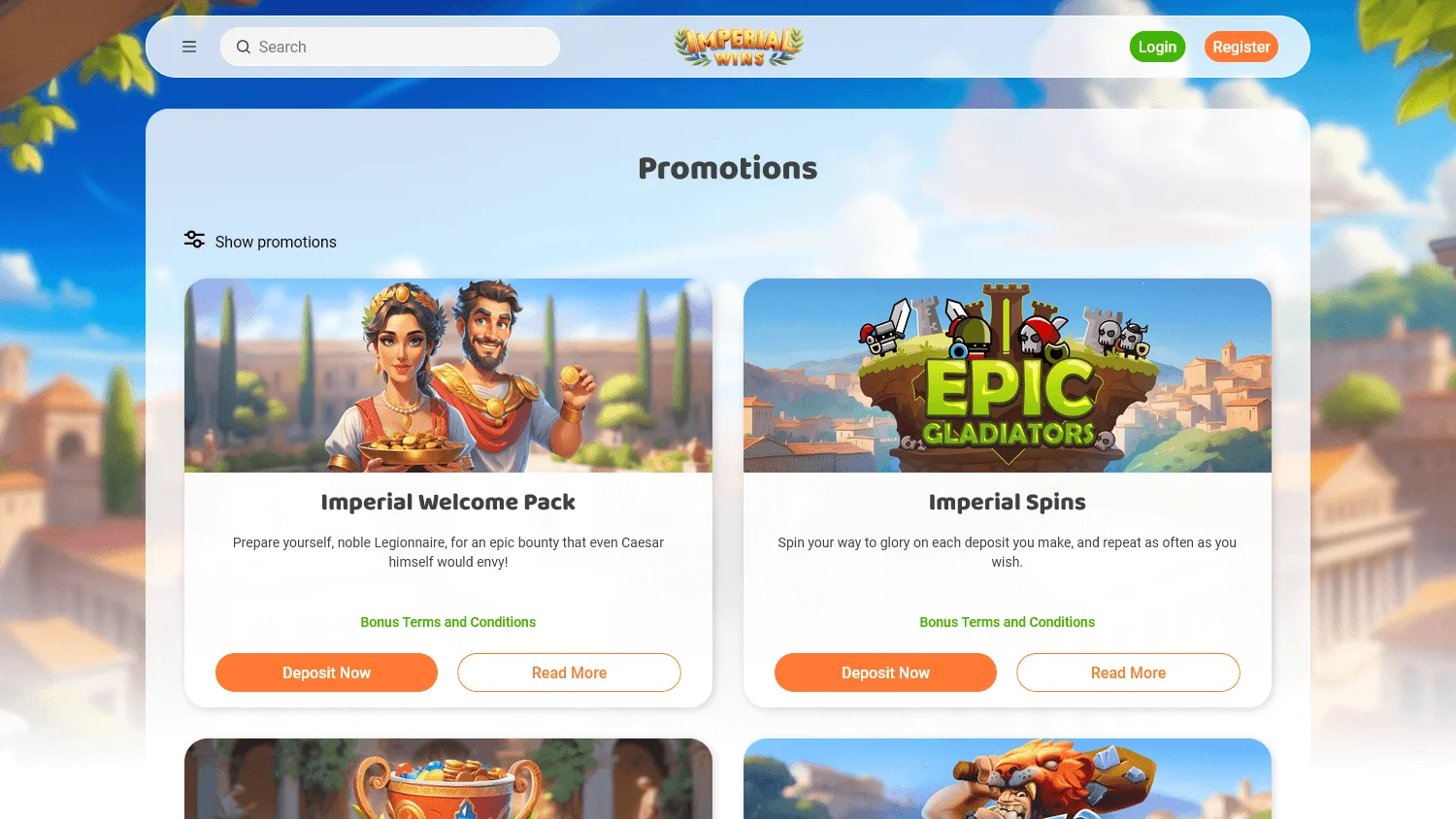 Imperial Wins Casino promotions screen on desktop