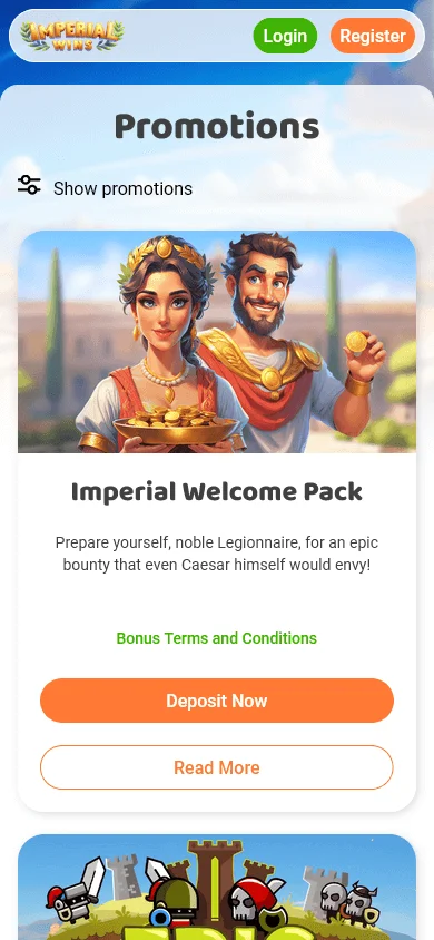 Imperial Wins Casino promotions screen on a mobile phone