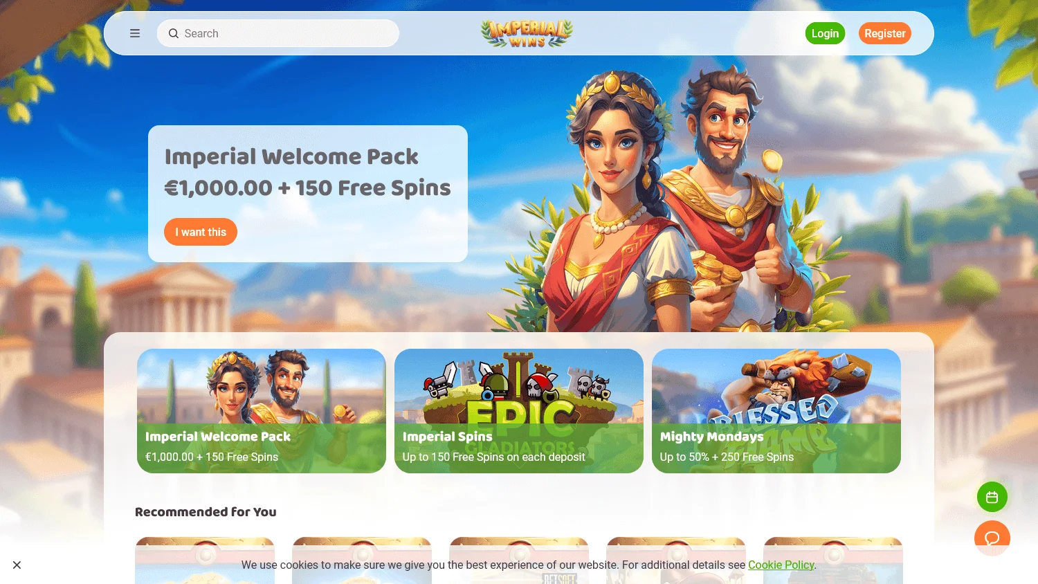 Imperial Wins Casino home screen on desktop