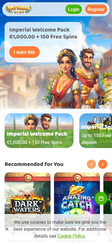 Imperial Wins Casino home screen on a mobile phone