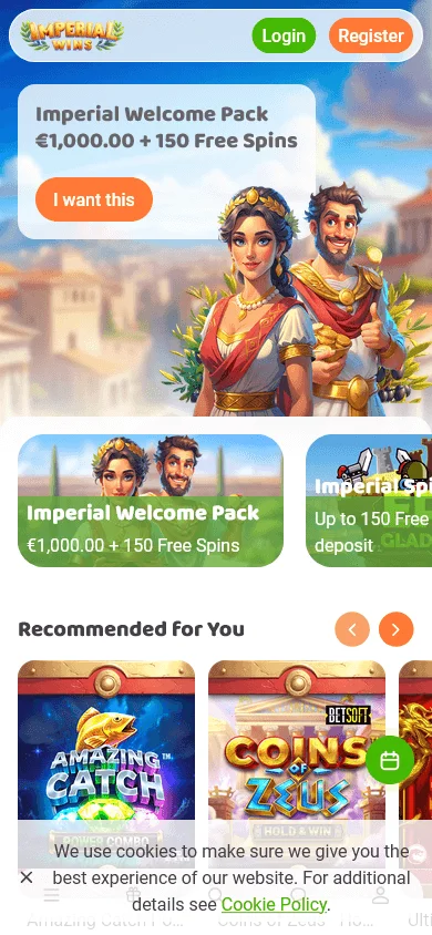 Imperial Wins Casino games screen on a mobile phone